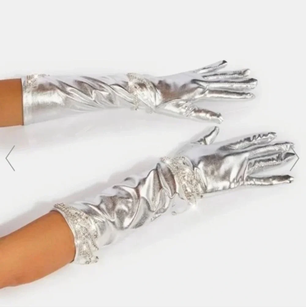 Silver Rhinestone Opera Gloves Formal Evening Satin Costume Glam Silver Gloves